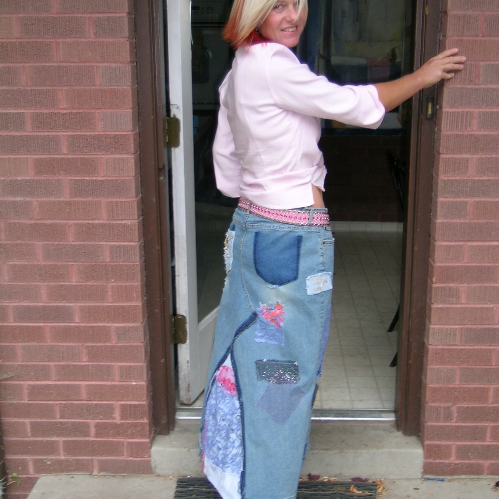 Handmade 70s style denim patchwork skirts, coats
